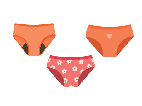 Women underwear collection featuring plain, floral, and absorbent period panties in flat vector style, isolated on white for feminine hygiene and apparel design.