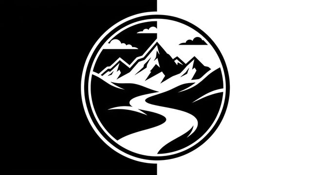 Monochrome circular mountain range and river landscape.