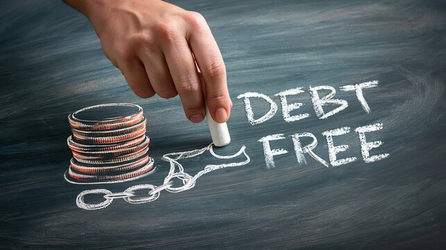 Top view human hand drawing a debt free message beside stacked coins and a broken chain on blackboard, ideal for financial freedom, budgeting and repayment concepts.