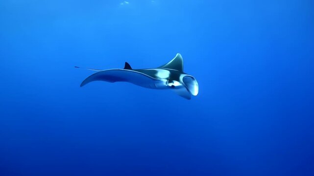 Majestic Manta Ray Swimming in Deep Blue Ocean Water