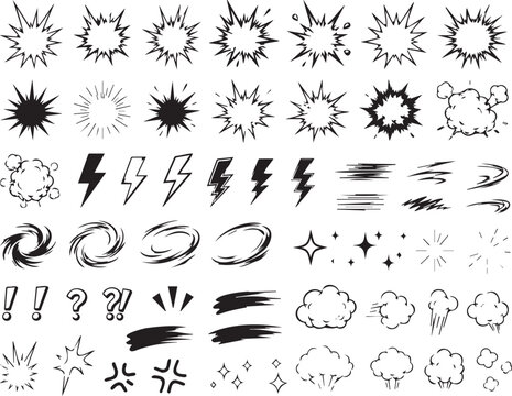 Diverse collection of monochrome vector graphic comic book style sound effects symbols including explosions lightning bolts sparks and motion lines
