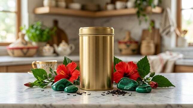 Gold tea tin with hibiscus flowers and malachite stones on marble countertop