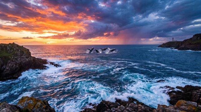 Majestic humpback whales breaching amidst vibrant orange sunset clouds over dark crashing ocean waves near a distant coastal lighthouse beacon