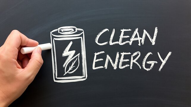 Human hand outlining a compact battery beside bold clean energy text on blackboard, ideal for renewable technology, energy storage and sustainable development.
