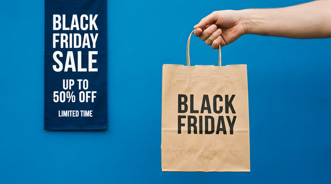 Hand Holding Black Friday Shopping Bag with Promotional Banner | Black Friday Sale Promotion Up To 50 Percent Off Banner | Man Holding Paper Shopping Bag Against Blue Wall Background | Black Friday 