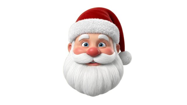 A charming 3D model of Santa Claus head with a fluffy white beard and red hat, talking and gesturing with a joyful smile on a clean white background. Great for holiday advertising, Christmas video ban