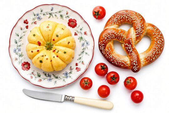 Fresh mini pumpkin bread with a pretzel and cherry tomatoes for snack