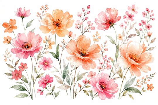 Beautiful watercolor floral arrangement with pink and orange flowers