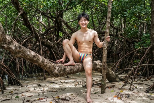 Happy young asian man in rainbow sitting on a tropical tree at the beach. Ideal image for summer holidays, beach travel, relaxation, freedom, and vibrant outdoor lifestyle themes