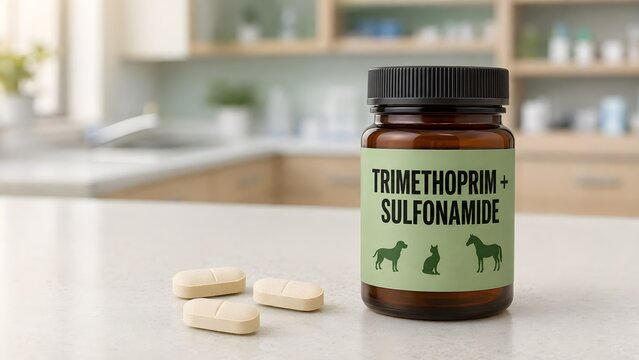 Amber medicine bottle with veterinary tablets sitting on a white surface in a room with containing veterinary medication trimethoprim and sulfonamide  stands next surface inside blurred