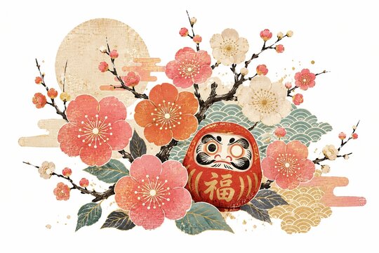 Red daruma doll with blooming plum flowers in a japanese art style