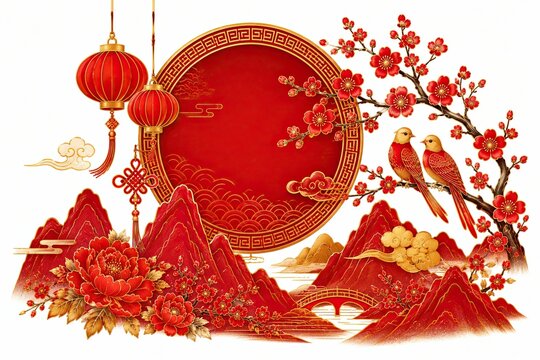 Red chinese new year frame with flowers and birds on white background