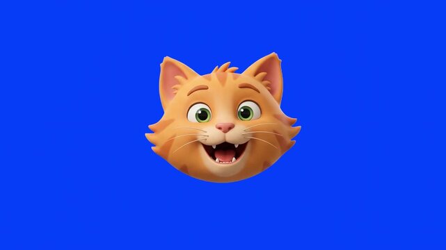 A cheerful close-up 3D render of a fluffy ginger cat mascot head talking and smiling with an open mouth against a solid blue studio backdrop. Ideal for pet food advertisements, kids' animation, YouTub