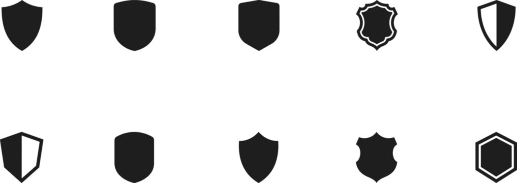 Set of ten different shield icons representing security protection safety and defense in a minimalist black style
