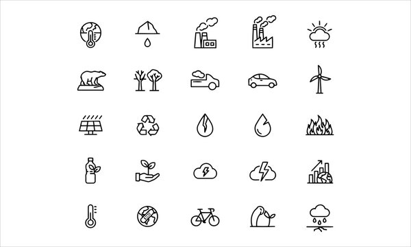 Set outline icons related to global warming. Linear icon collection. Editable stroke. Vector illustration