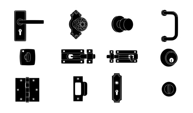 Modern door hardware vector set with black silhouette handles knobs latches locks and fittings