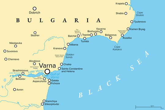 Varna and vicinity, Bulgaria, political map with the most important beach resorts of the northern part of the Bulgarian Riviera, or Bulgarian Black Sea Coast, in the Northern Bulgaria region. Vector