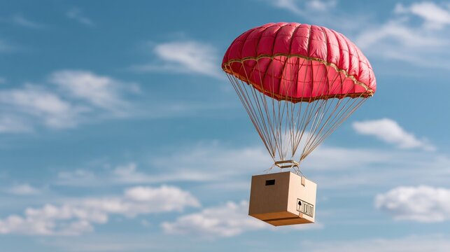 A cardboard package parachutes down for express delivery