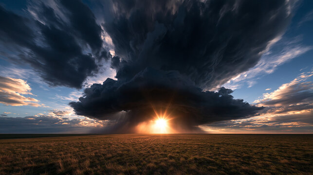 Dramatic Supercell Thunderstorm with Sunburst Over Plains