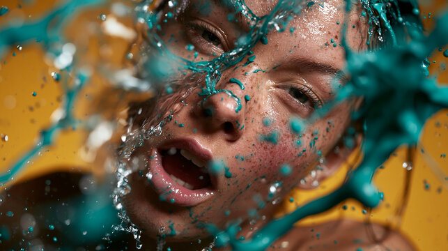 Young Woman Portrait with Splashing Teal Paint and Water