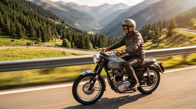 Man Riding Vintage Motorcycle on Mountain Road