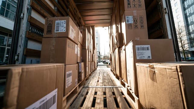 Brown shipping boxes are neatly stacked inside the trailer of a moving truck during the day