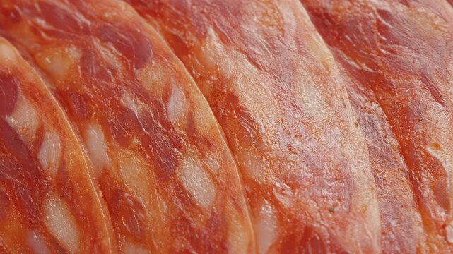 Salami meat slices macro close up presentation slowly rotating stock footage