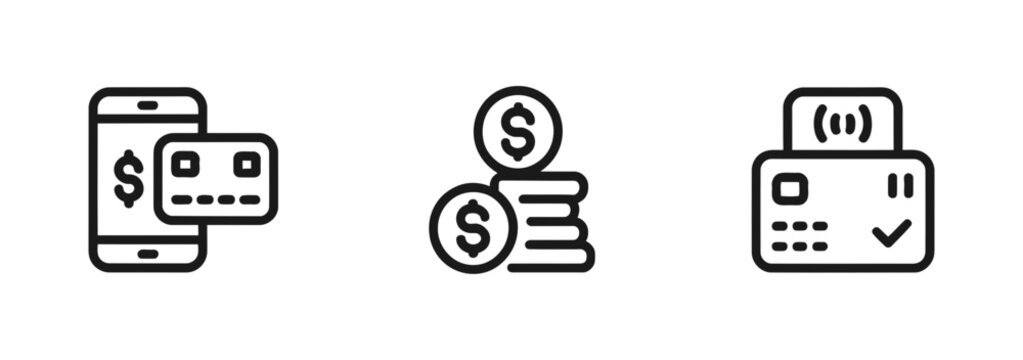 A collection of digital payments and financial transactions icons featuring mobile payment options stacked coins and a modern contactless card reader device