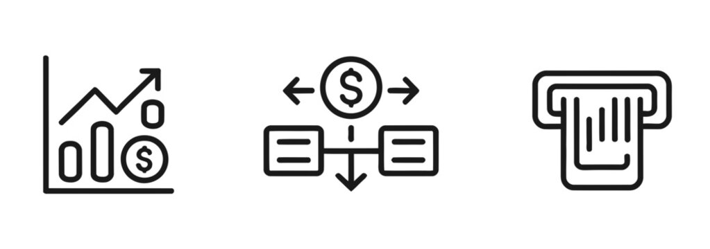 A collection of financial transactions and economic growth icons depicting stock market analysis currency exchange rates and automated teller machine utilization