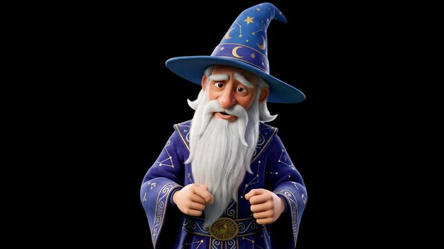 A charming 3D fantasy wizard with a long white beard, blue robe, and starry pointed hat, talking and gesturing with his hands isolated against a solid black backdrop. Ideal for RPG video game intros, 