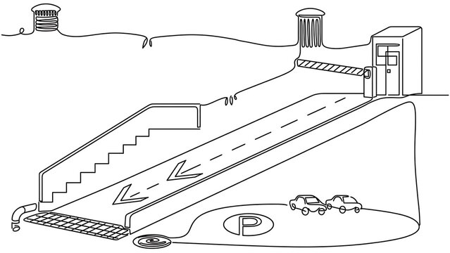 Illustrated parking lot with stairs white background.