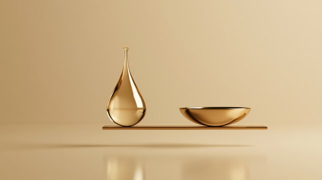 Two matte drops rest on a simple beam, highlighting a sense of balance in a warm color environment with ample space around them.