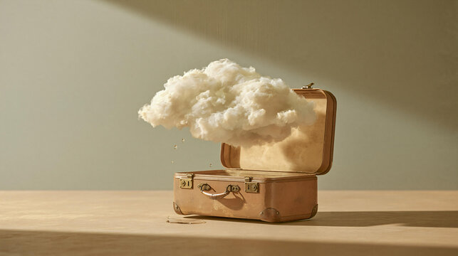 Conceptual Image of a Floating Cloud Above an Open Vintage Suitcase on a Soft Background