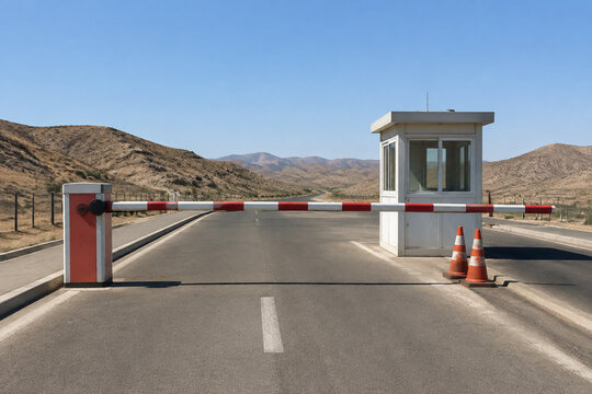Empty road checkpoint with lowered red and white barrier arm, guard booth and cones, security and traffic control concept