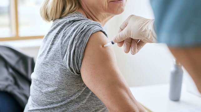 Medical worker administering a vaccine injection to an older woman, representing adult immunization, preventive healthcare and senior disease prevention for healthy aging content