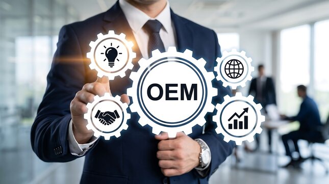 Businessman Touching OEM Icon Gear Graphic Concept For Original Equipment Manufacturer Supply Chain Presentation Site