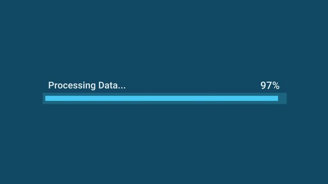 Animated motion graphics showing a thin cyan progress bar labeled "Processing Data..." with a "97%" completion counter filling up over a dark blue background. Represents active data execution