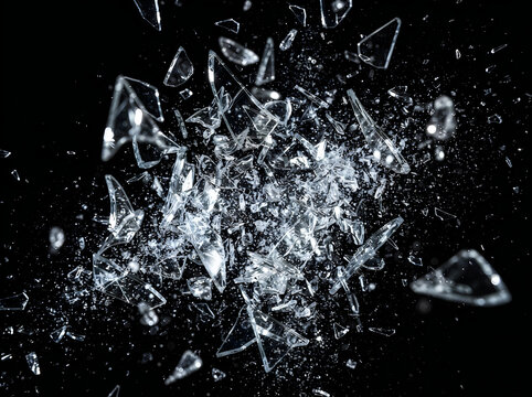 Exploding glass shards and debris flying through the air against a black background