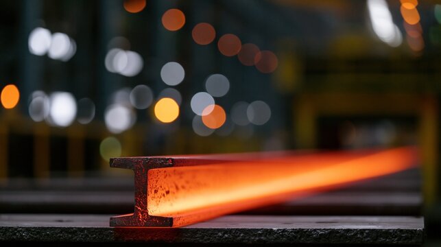 Hot steel beam glowing red moves along a heavy factory production line during industrial work