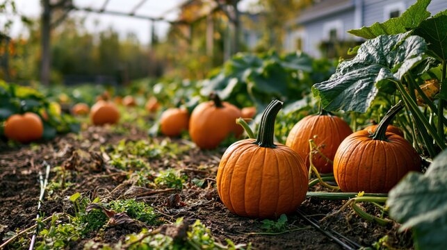 Ripe pumpkins sit in the soil as they grow in a home garden during the sunny afternoon