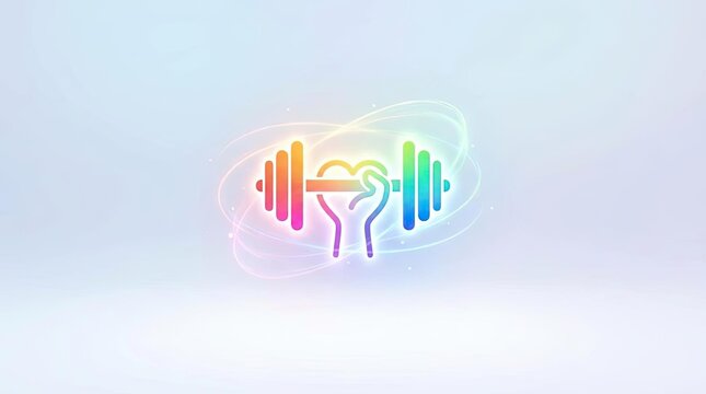 Glowing rainbow heart and dumbbell fitness logo.
