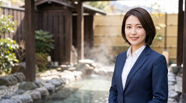 プロフィール写真をイメージした、日本の露天風呂を背にして穏やかな笑顔をカメラに向けている知的な印象の20代日本人女性社員のバストアップポートレート