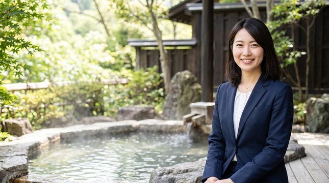 プロフィール写真をイメージした、日本の露天風呂を背にして穏やかな笑顔をカメラに向けている知的な印象の20代日本人女性社員のバストアップポートレート