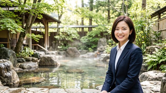 プロフィール写真をイメージした、日本の露天風呂を背にして穏やかな笑顔をカメラに向けている知的な印象の20代日本人女性社員のバストアップポートレート