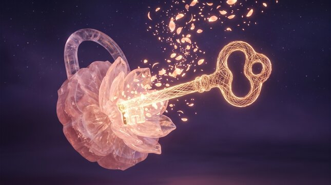 Glowing key with shimmering particles emerging from a flower  