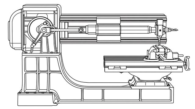 Industrial lathe machine technical drawing white background.
