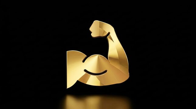 Golden muscular arm bicep flex icon on black.