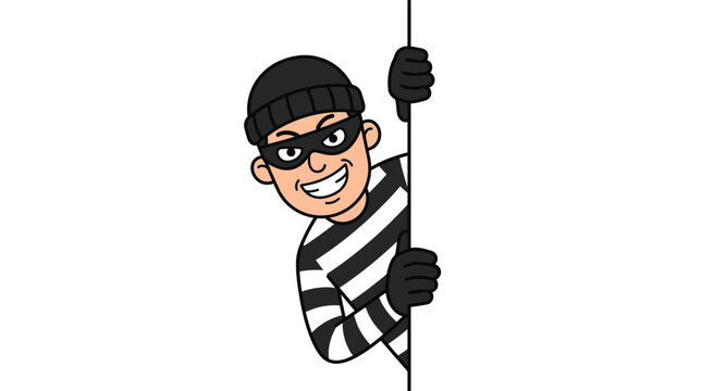 Sneaky burglar wearing black mask and striped shirt peeking from behind white blank paper board