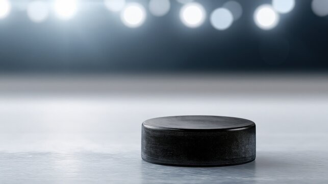 Single black hockey puck sitting on the frozen rink surface with soft out of focus arena lighting