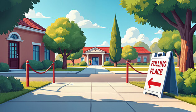 polling place signage directing voters towards an accessible voting center surrounded by trees and greenery on a sunny day, concept civic engagement